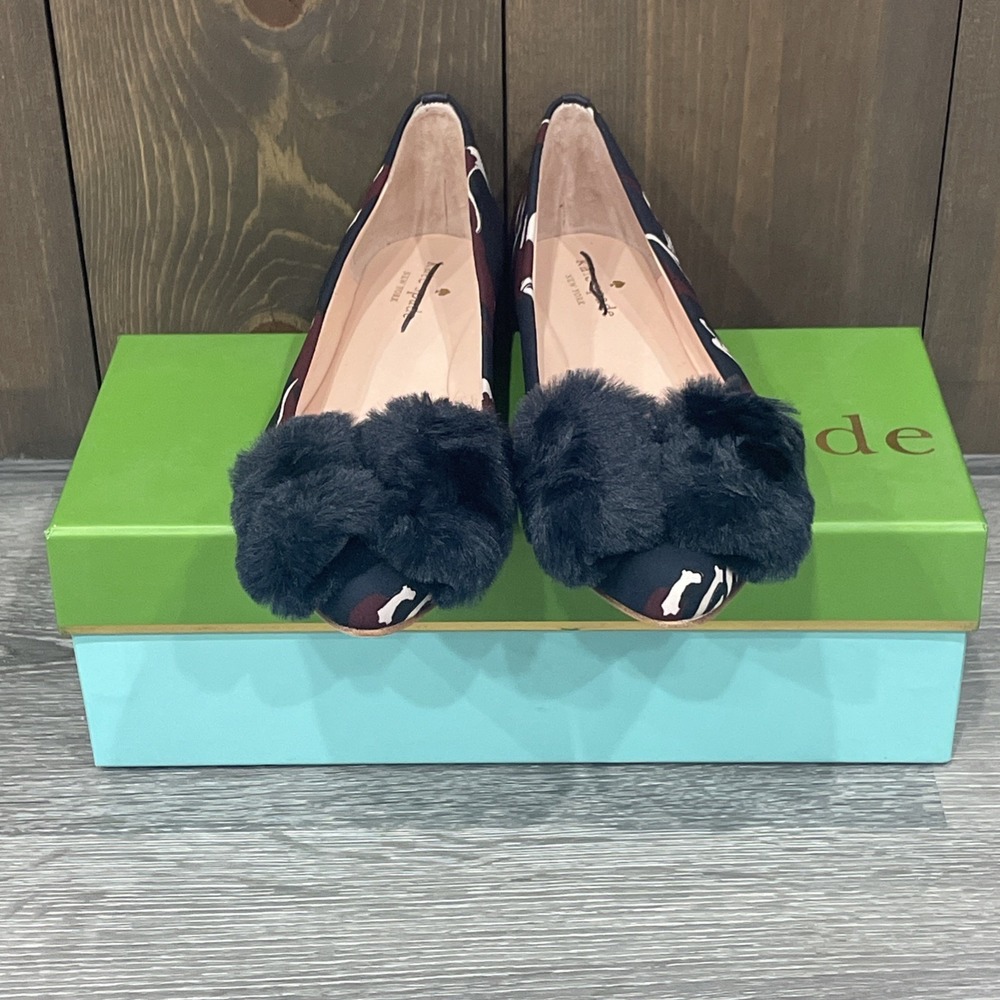 NEW Kate Spade Elen Fox Glen Pom Ballet Flats Navy Burgundy Size 9 New in Box